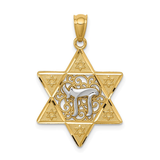 14k Two-tone Gold Polished Star of David with Chai Pendant