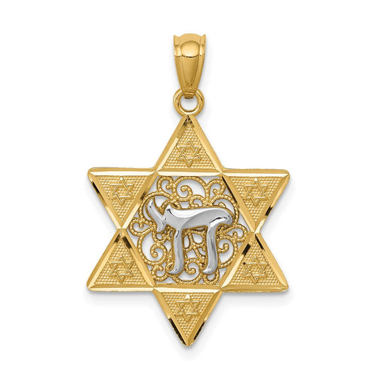 14k Two-tone Gold Polished Star of David with Chai Pendant