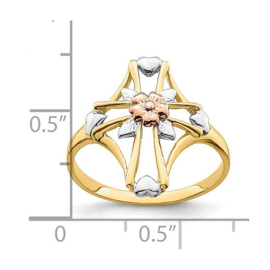 14K Two-tone with White Rhodium Polished Cross with Flower Ring