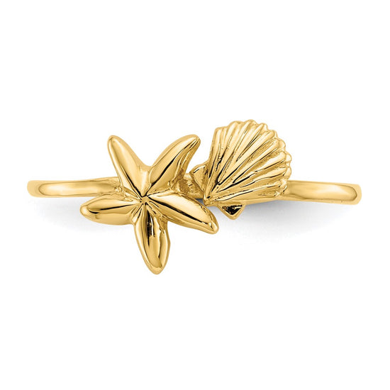 14k Polished Shell and Starfish Ring