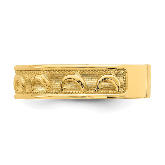 14K Polished and Textured Dolphin Engraved Size 8 Thumb Ring