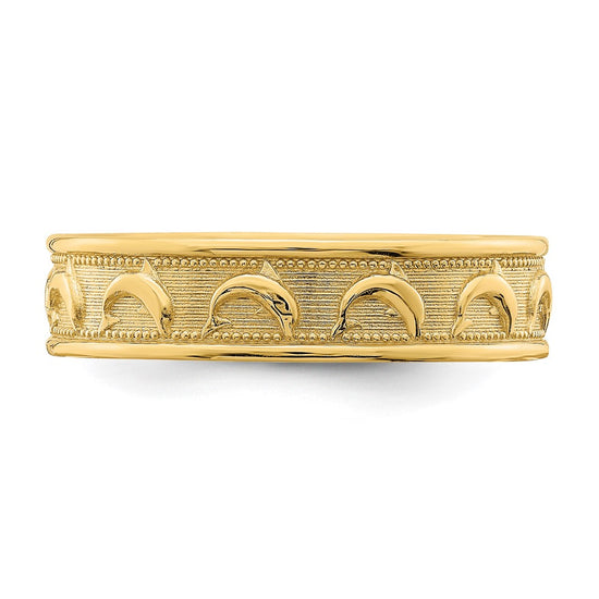 14K Polished and Textured Dolphin Engraved Size 8 Thumb Ring