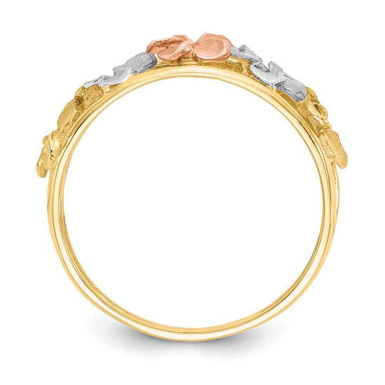 14k Two-tone with White Rhodium Satin and Polished Diamond-cut Plumeria Flowers Ring