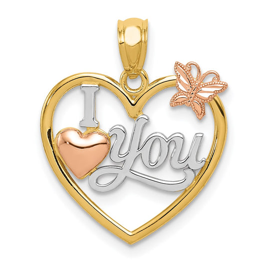14k Two-tone with White Rhodium I LOVE YOU Heart with Butterfly Pendant