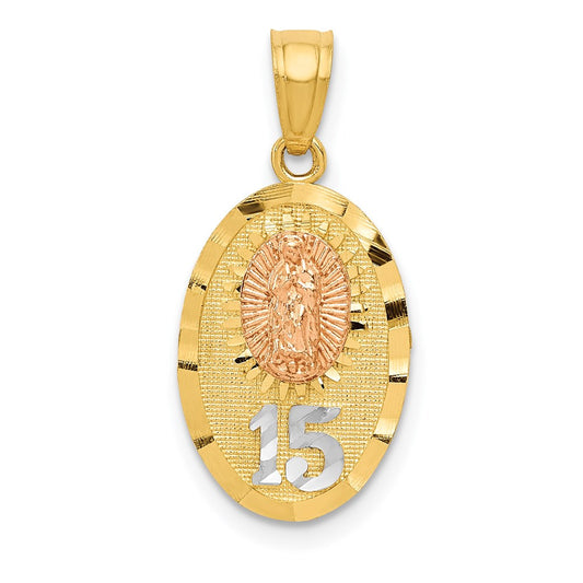 14k Two-tone with White Rhodium Diamond-cut Our Lady of Guadalupe with 15 Pendant