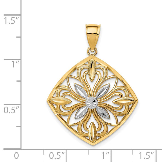 14k and White Rhodium Diamond-cut Polished Fancy Square Charm