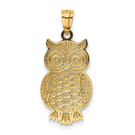 14K and White Rhodium Polished and Textured Owl Pendant