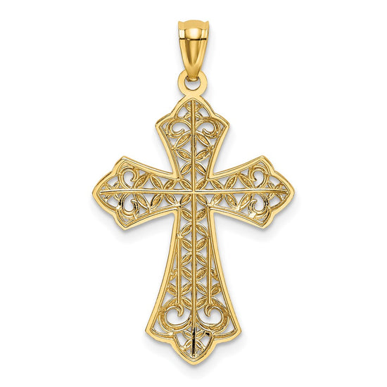 14k and White Rhodium Polished Diamond-cut Filigree Cross Pendant