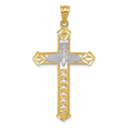 14K and White Rhodium Polished Diamond-Cut Dove Cross Pendant