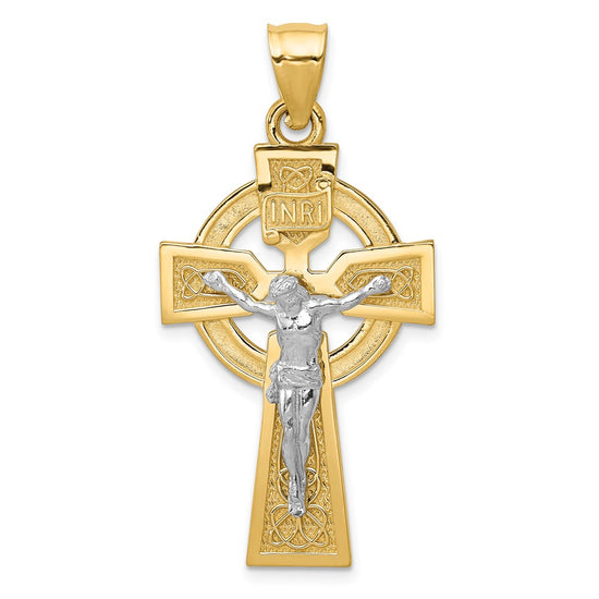 14k Two-tone Polished Celtic INRI Crucifix Pendant