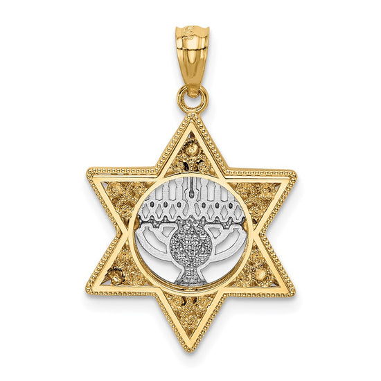 14K Two-Tone Fancy Star Of David and Menorah Pendant