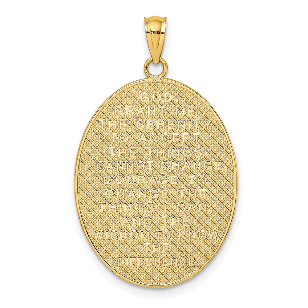 14K with White Rhodium Enameled Rose Cross with Serenity Prayer on Back Oval Disc Charm