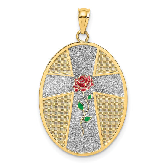 14K with White Rhodium Enameled Rose Cross with Serenity Prayer on Back Oval Disc Charm