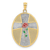 14K with White Rhodium Enameled Rose Cross with Serenity Prayer on Back Oval Disc Charm