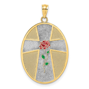 14K with White Rhodium Enameled Rose Cross with Serenity Prayer on Back Oval Disc Charm
