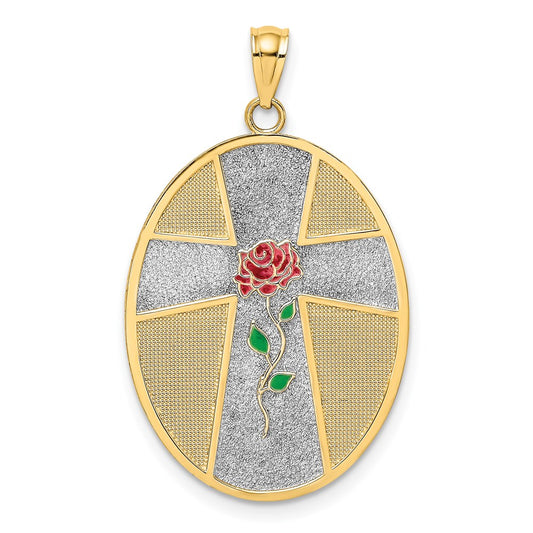 14K with White Rhodium Enameled Rose Cross with Serenity Prayer on Back Oval Disc Charm