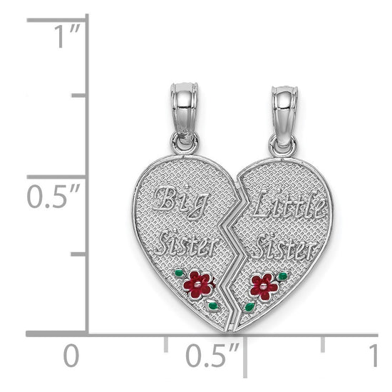 14K White Gold Enameled BIG-LITTLE SISTER 2-Piece Break-Apart Heart Charm