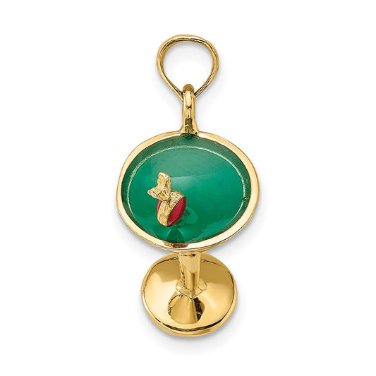 14K 3-D Green Enamel  Martini with Red Cherry Charm