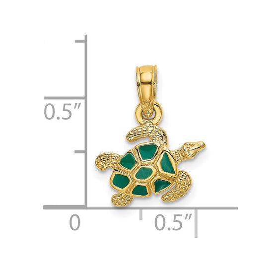 14K Small Textured and Green Enameled Sea Turtle Charm