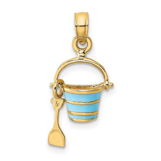14K 2-D Aqua Enameled Beach Bucket with Moveable Shovel Charm