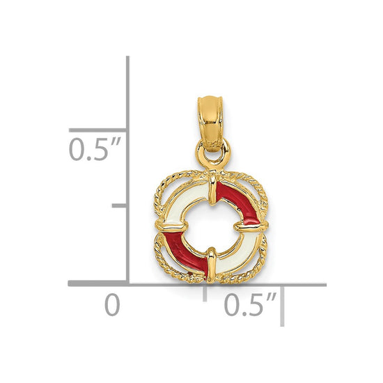 14K Red and White Enameled Life Preserver Ring Charm