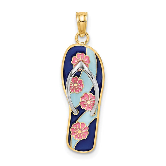 14K and White Rhodium 3-D Enameled Pink Flowers On Blue Stripes Flip-Flop Charm