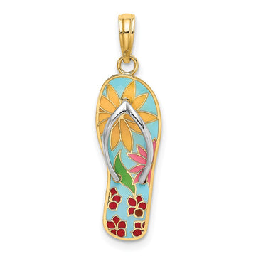 14K and White Rhodium Multi-Colored 3-D Enameled Fuchsia Flowers On Flip-Flop Charm