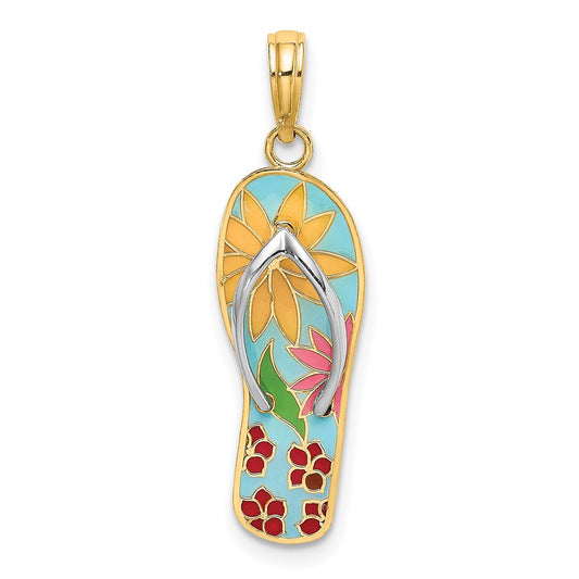 14K and White Rhodium Multi-Colored 3-D Enameled Fuchsia Flowers On Flip-Flop Charm