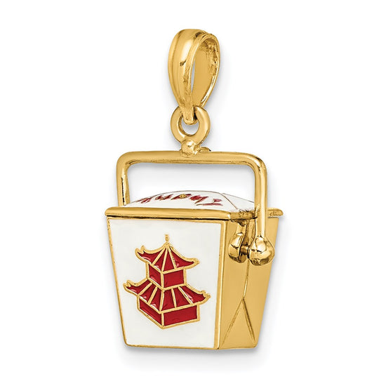 14K 3-D White and Red Enameled Chinese Take-Out Box with Moveable Handle Charm