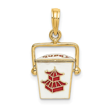 14K 3-D White and Red Enameled Chinese Take-Out Box with Moveable Handle Charm
