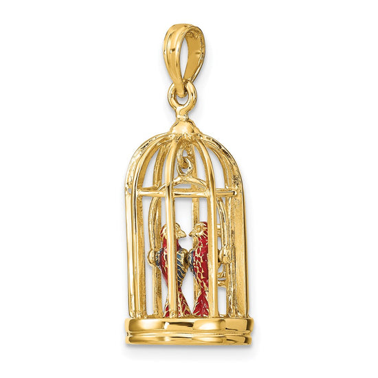 14K 3-D Bird Cage with 2 Enameled Birds and Opening Doors Charm