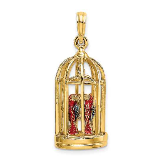 14K 3-D Bird Cage with 2 Enameled Birds and Opening Doors Charm