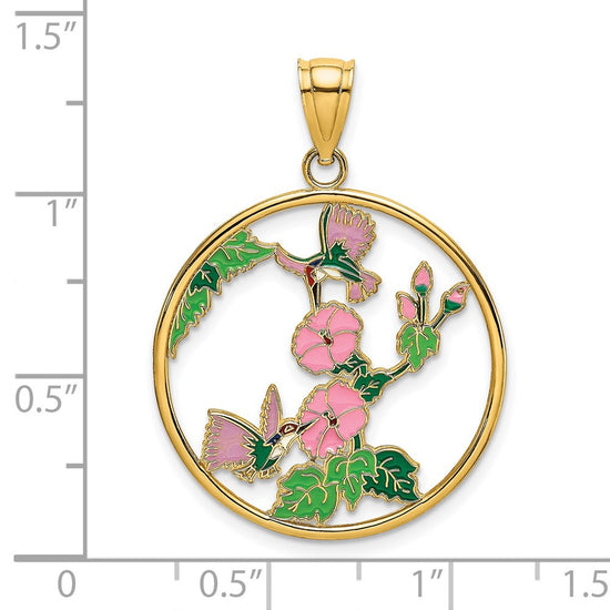 14K Enameled Hummingbirds and Flowers In Circle Charm