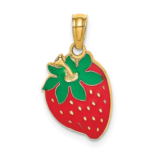 14K Red and Green Enameled Strawberry With Leaf Charm