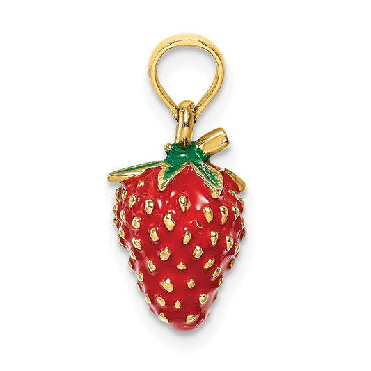 14K 3-D Red and Green Enameled Strawberry and Leaf Charm