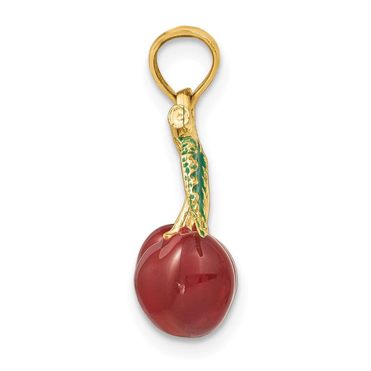 14K 3-D Red and Green Enameled Cherries with Leaf Charm
