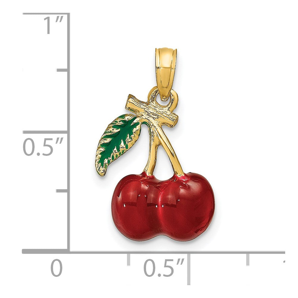 14K 3-D Red and Green Enameled Cherries with Leaf Charm