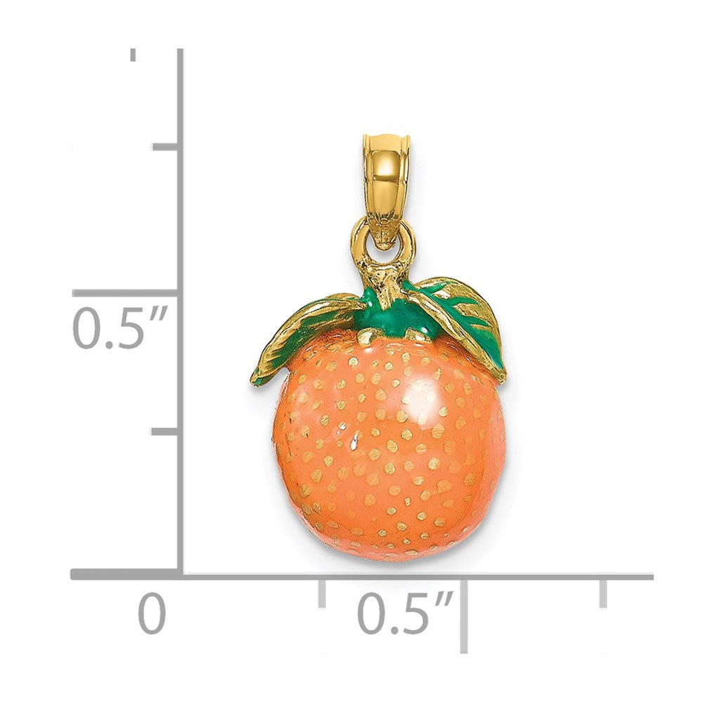 14K 3-D Orange and Green Enameled Orange With Stem and Leaf Charm