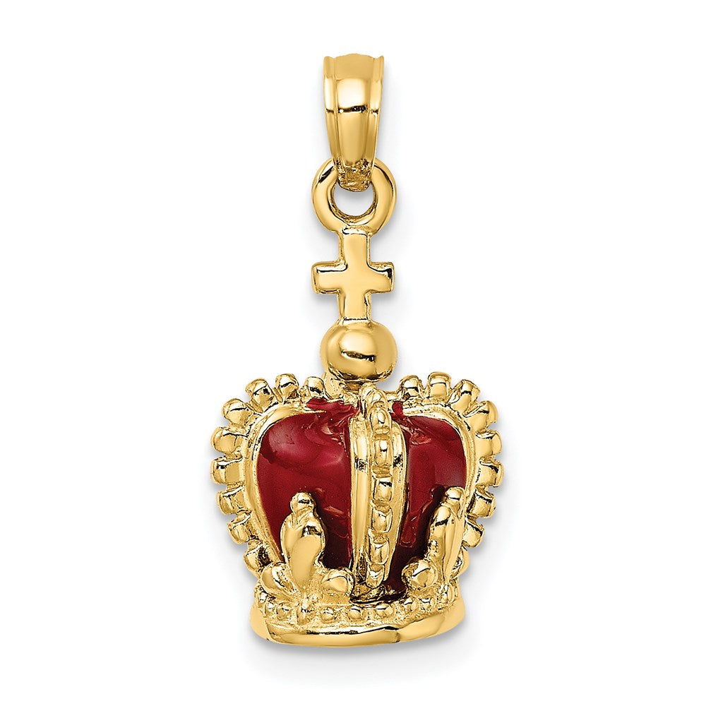 14K 3-D with Red Enamel Inside Crown with Cross On top Charm