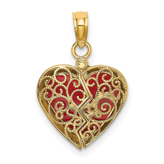 14K Red Enameled 3-D Reversible Filigree Heart That Opens Charm