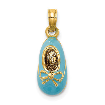 14k Blue Enameled 3-D Baby Shoe with Bow Pendant
