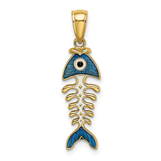 Gold 3D Blue Enameled Fish Bone Pendant