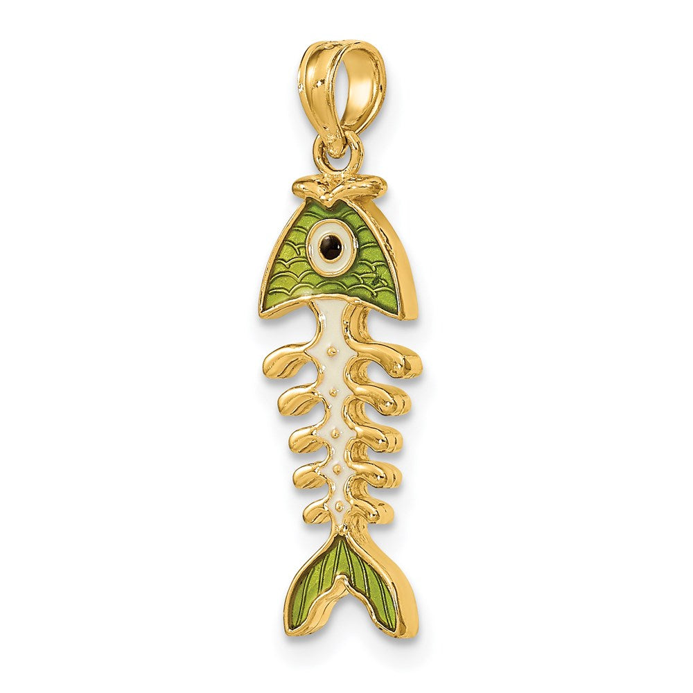 14k 3-D  Green Enamel Fish Bone Charm