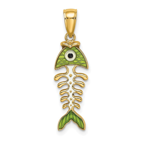 14k 3-D  Green Enamel Fish Bone Charm