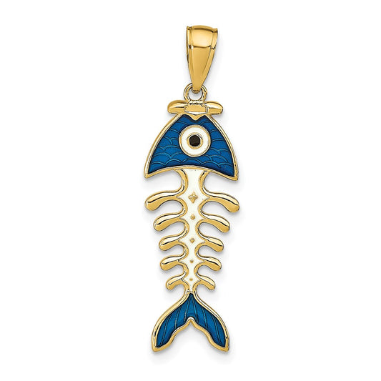 Gold 3D Blue Enameled Fish Bone Pendant