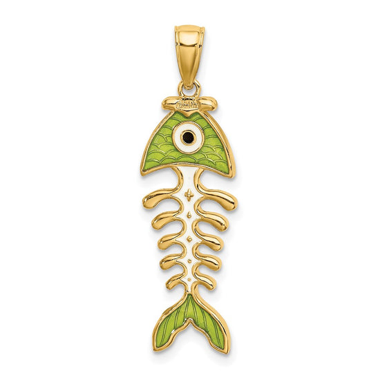 14k 3-D  Green Enamel Fish Bone Charm