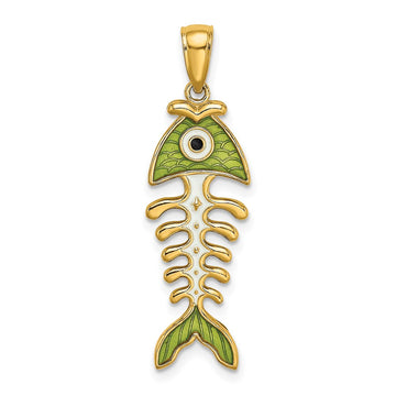 Gold 3D Green Enameled Fish Bone Pendant