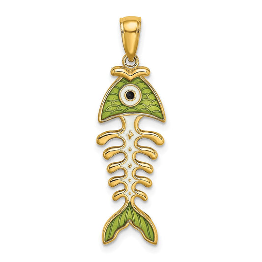 Gold 3D Green Enameled Fish Bone Pendant