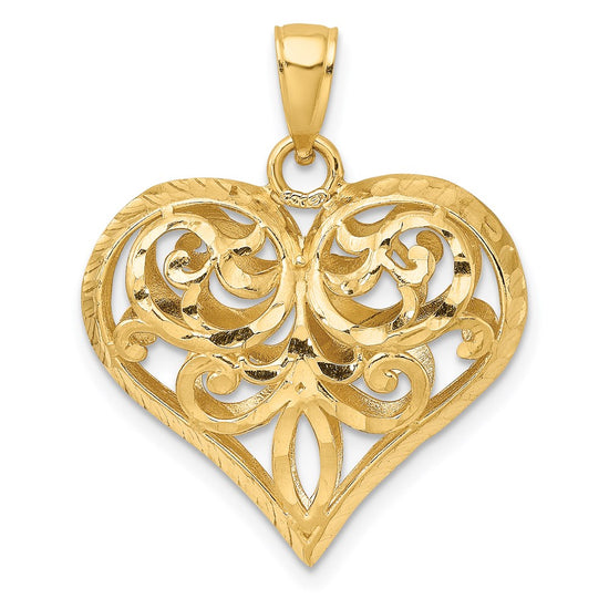 14K Polished 3-D Diamond-cut Filigree Puffed Heart Charm