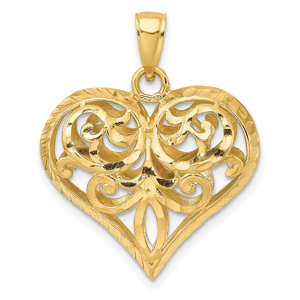 14K Polished 3-D Diamond-cut Filigree Puffed Heart Charm